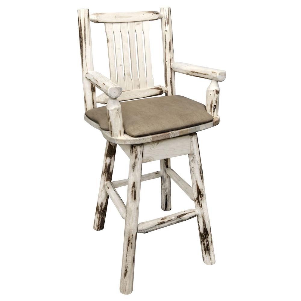 Montana Collection Captain's Barstool w/ Back & Swivel, Clear Lacquer Finish w/ Upholstered Seat, Buckskin Pattern. Picture 1