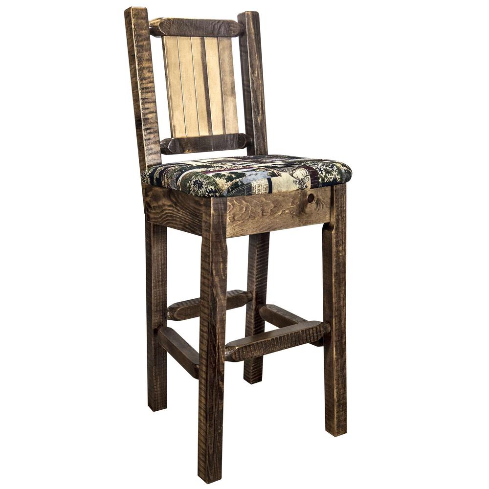 Homestead Collection Counter Height Barstool w/ Back - Woodland Upholstery, w/ Laser Engraved Pine Tree Design. Picture 3