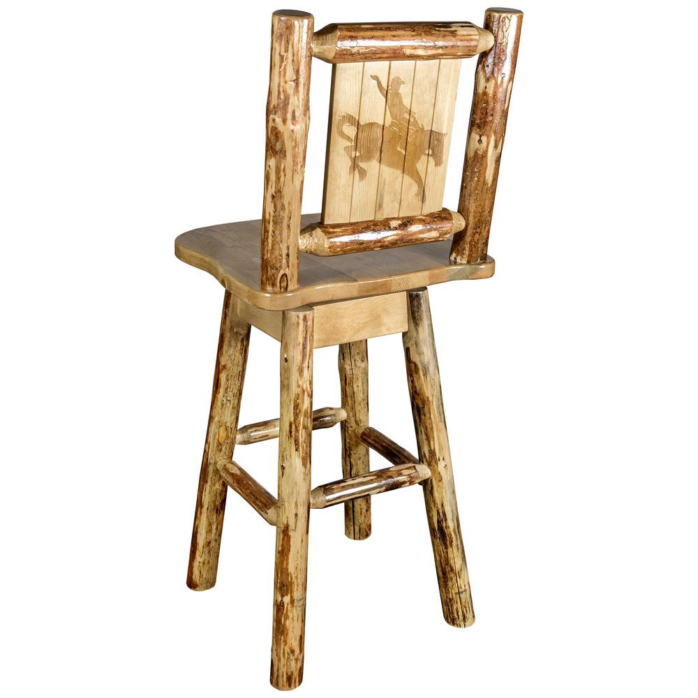 Glacier Country Collection Counter Height Barstool w/ Back & Swivel w/ Laser Engraved Bronc Design. Picture 1