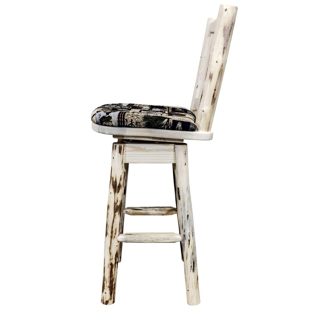 Montana Collection Barstool w/ Back & Swivel, Clear Lacquer Finish w/ Upholstered Seat, Woodland Pattern. Picture 3