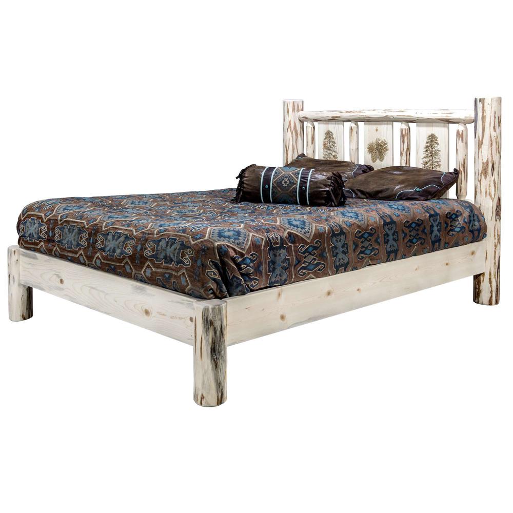 Montana Collection King Platform Bed w/ Laser Engraved Pine Tree Design, Clear Lacquer Finish. Picture 3