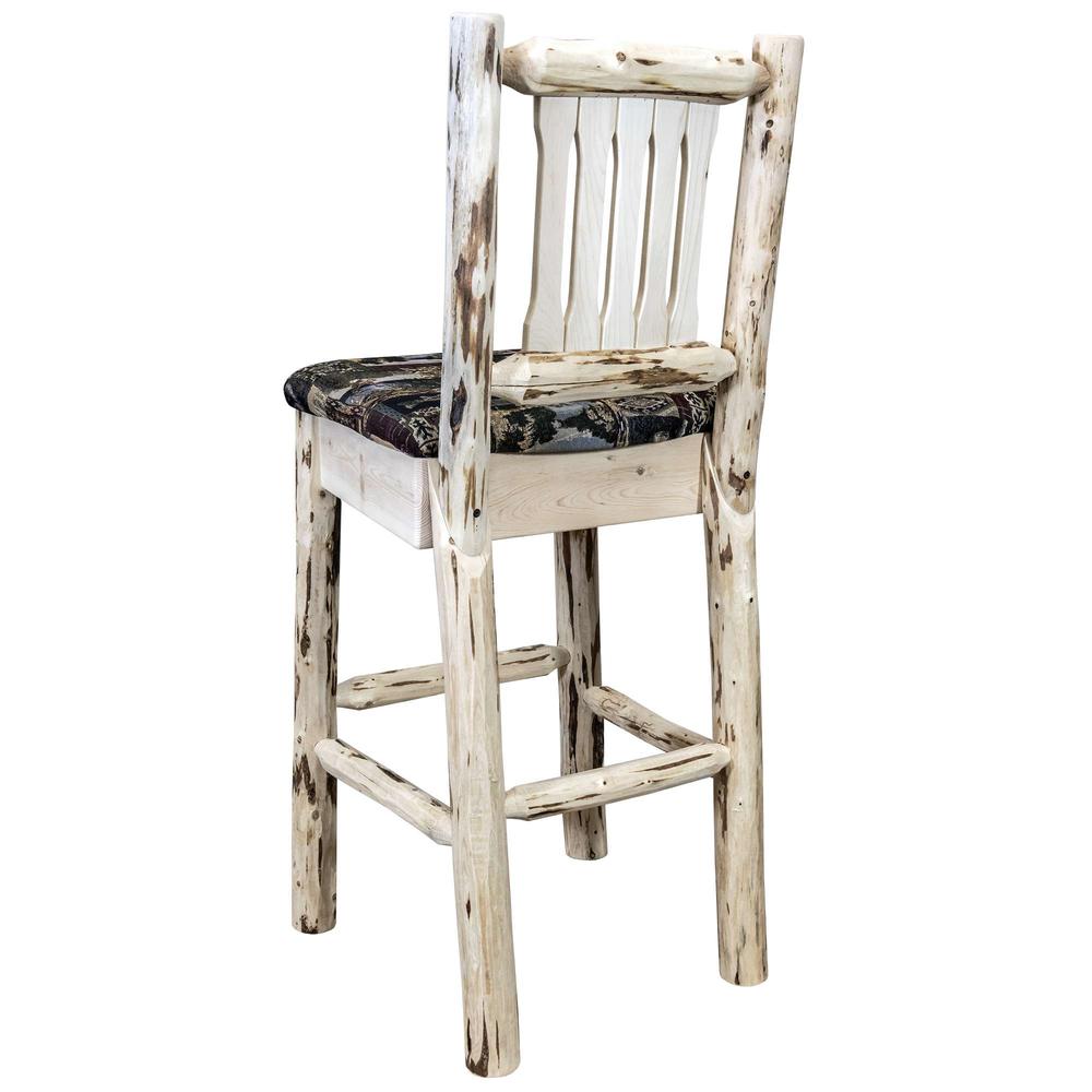 Montana Collection Barstool w/ Back, Clear Lacquer Finish w/ Upholstered Seat, Woodland Pattern. Picture 4
