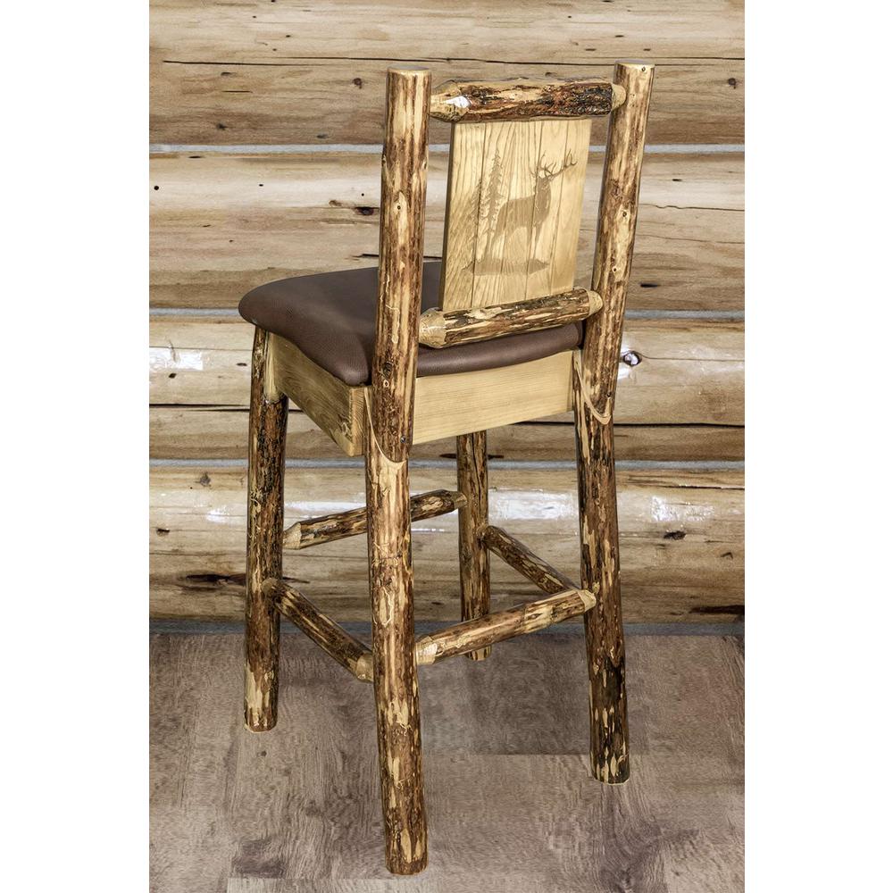 Glacier Country Collection Counter Height Barstool w/ Back - Saddle Upholstery, w/ Laser Engraved Elk Design. Picture 6