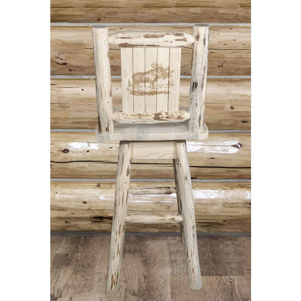 Montana Collection Counter Height Barstool w/ Back & Swivel w/ Laser Engraved Moose Design, Clear Lacquer Finish. Picture 6