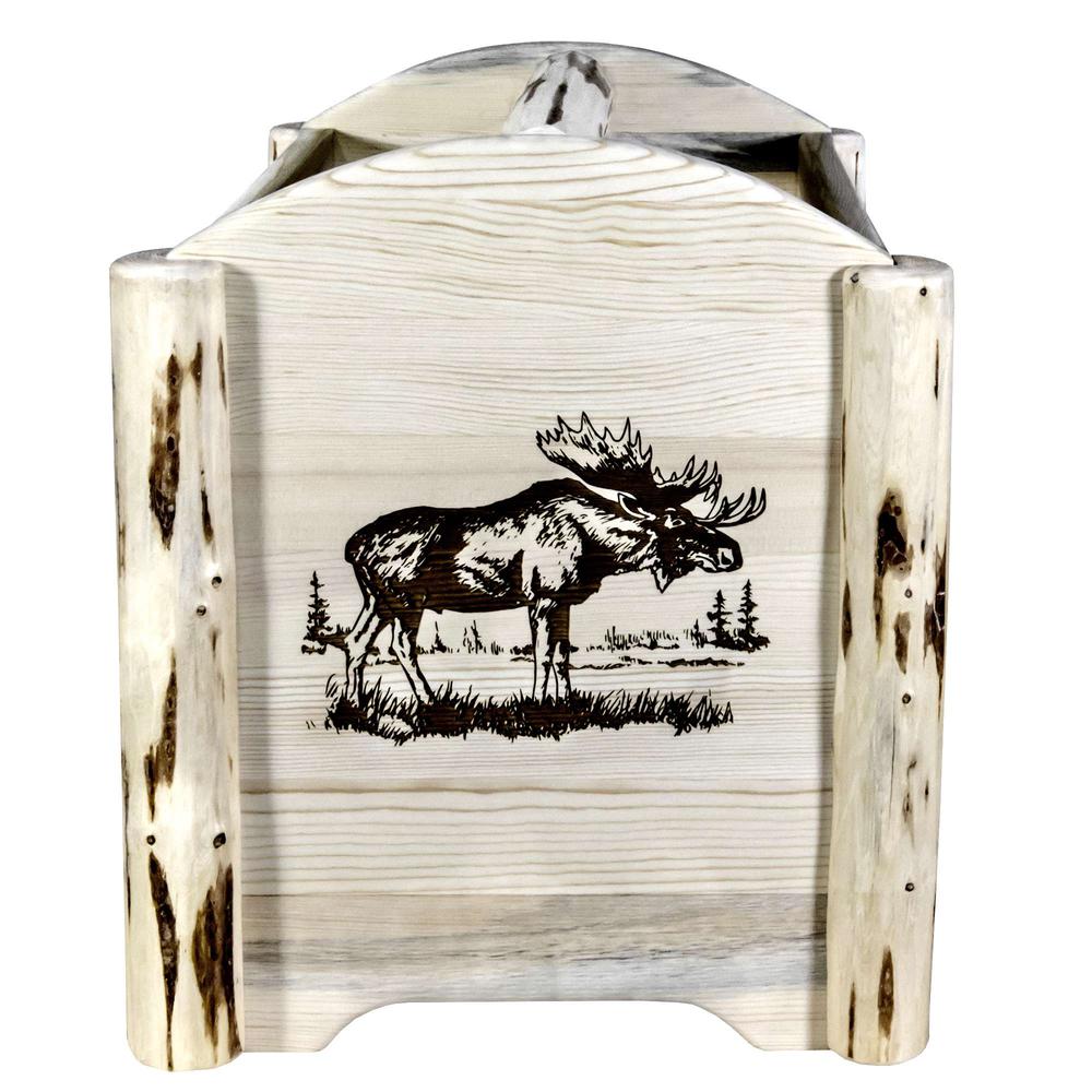 Montana Collection Magazine Rack w/ Laser Engraved Moose Design, Clear Lacquer Finish. Picture 2