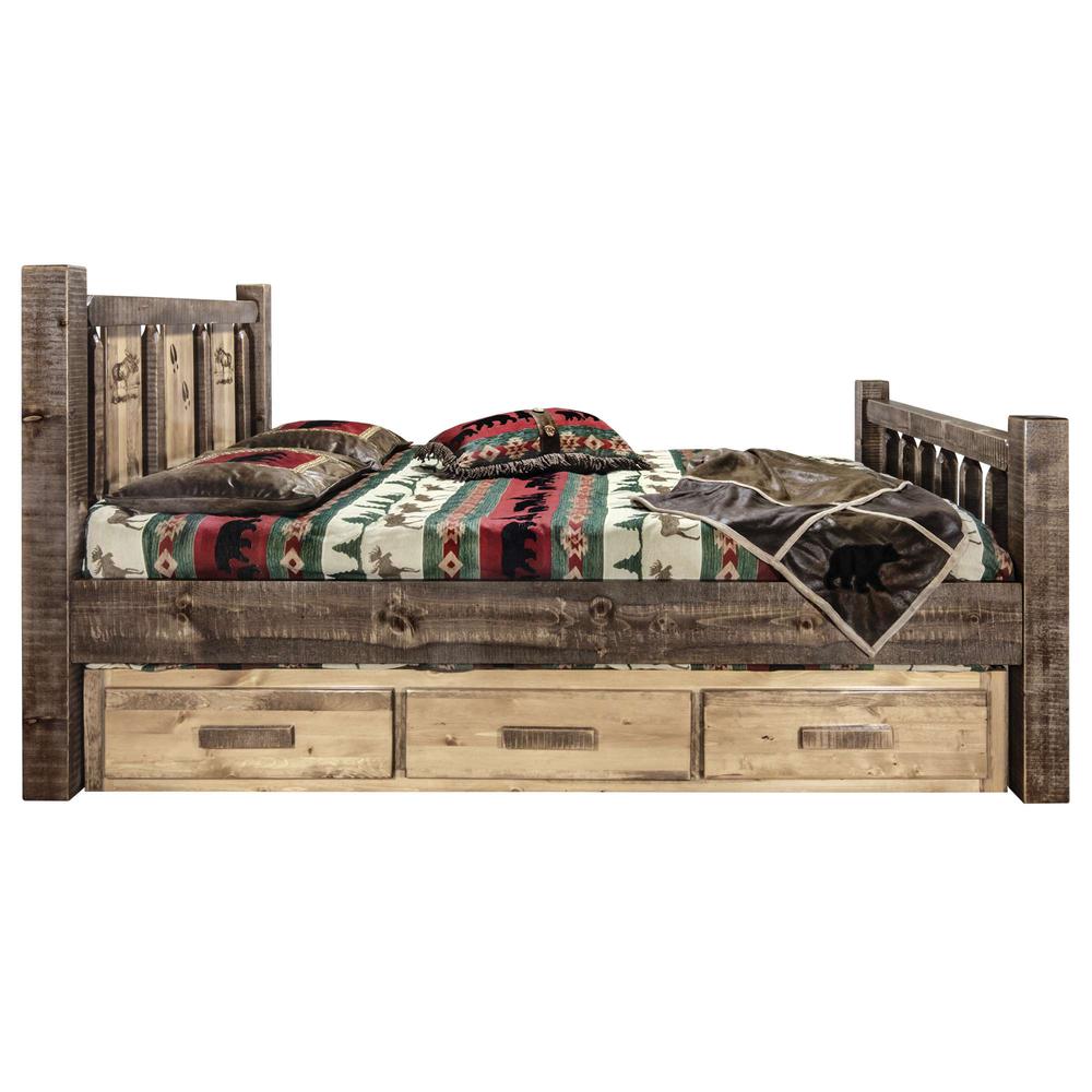 Homestead Collection Twin Storage Bed w/ Laser Engraved Moose Design, Stain & Clear Lacquer Finish. Picture 4