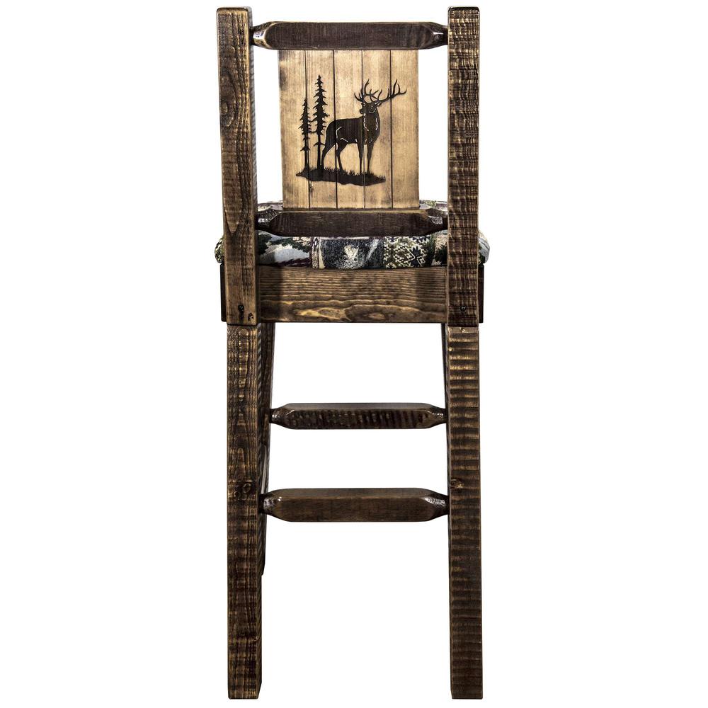 Homestead Collection Barstool w/ Back - Woodland Upholstery, w/ Laser Engraved Elk Design, Stain & Lacquer Finish. Picture 2