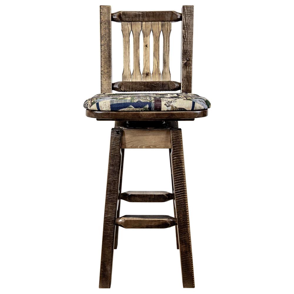 Homestead Collection Barstool w/ Back & Swivel, Stain & Clear Lacquer Finish w/ Upholstered Seat, Woodland Pattern. Picture 2