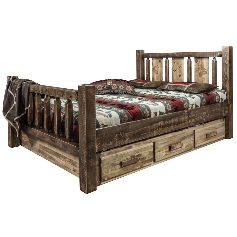 Homestead Collection Queen Storage Bed w/ Laser Engraved Wolf Design, Stain & Clear Lacquer Finish. Picture 3