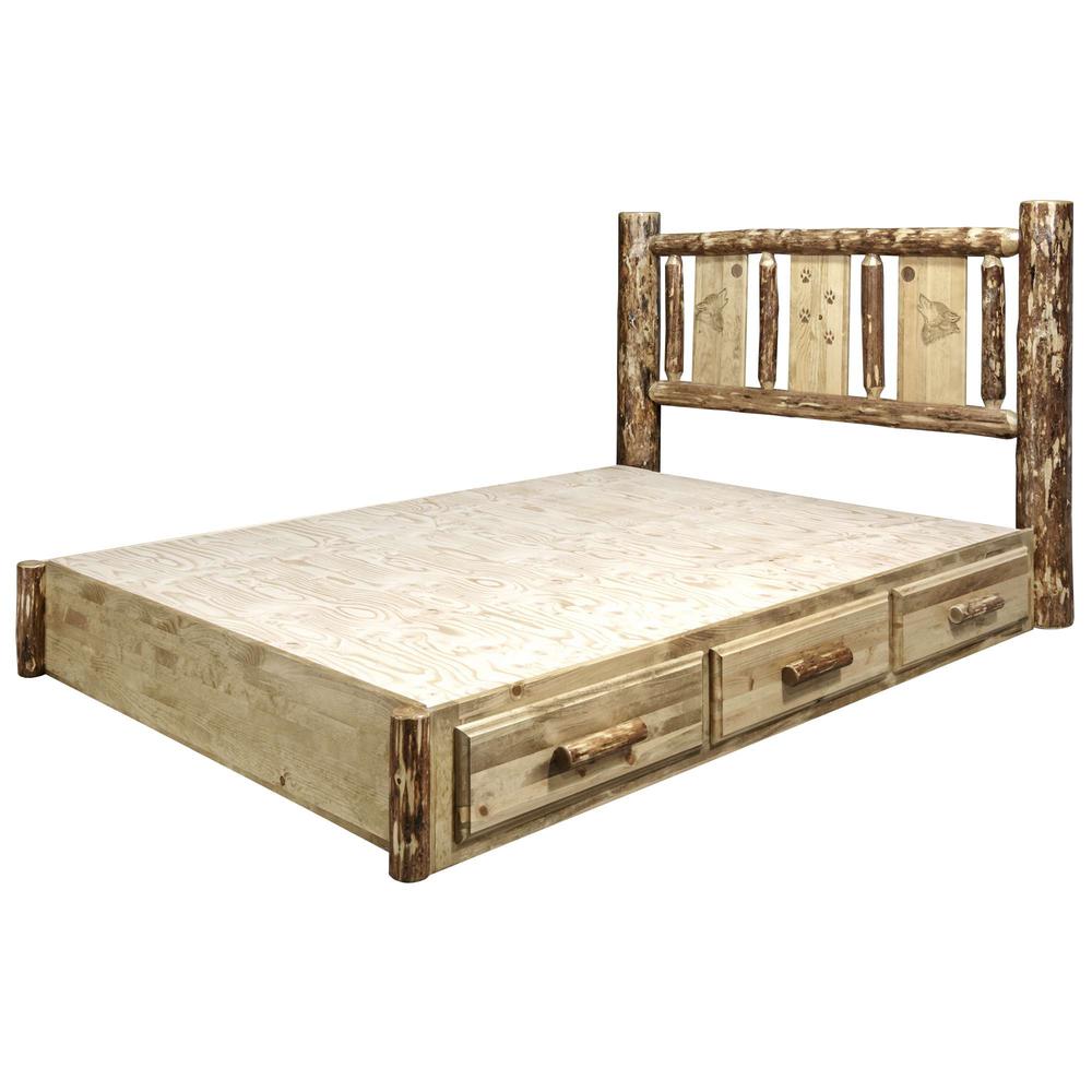 Glacier Country Collection Platform Bed w/ Storage, Queen w/ Laser Engraved Wolf Design. Picture 7