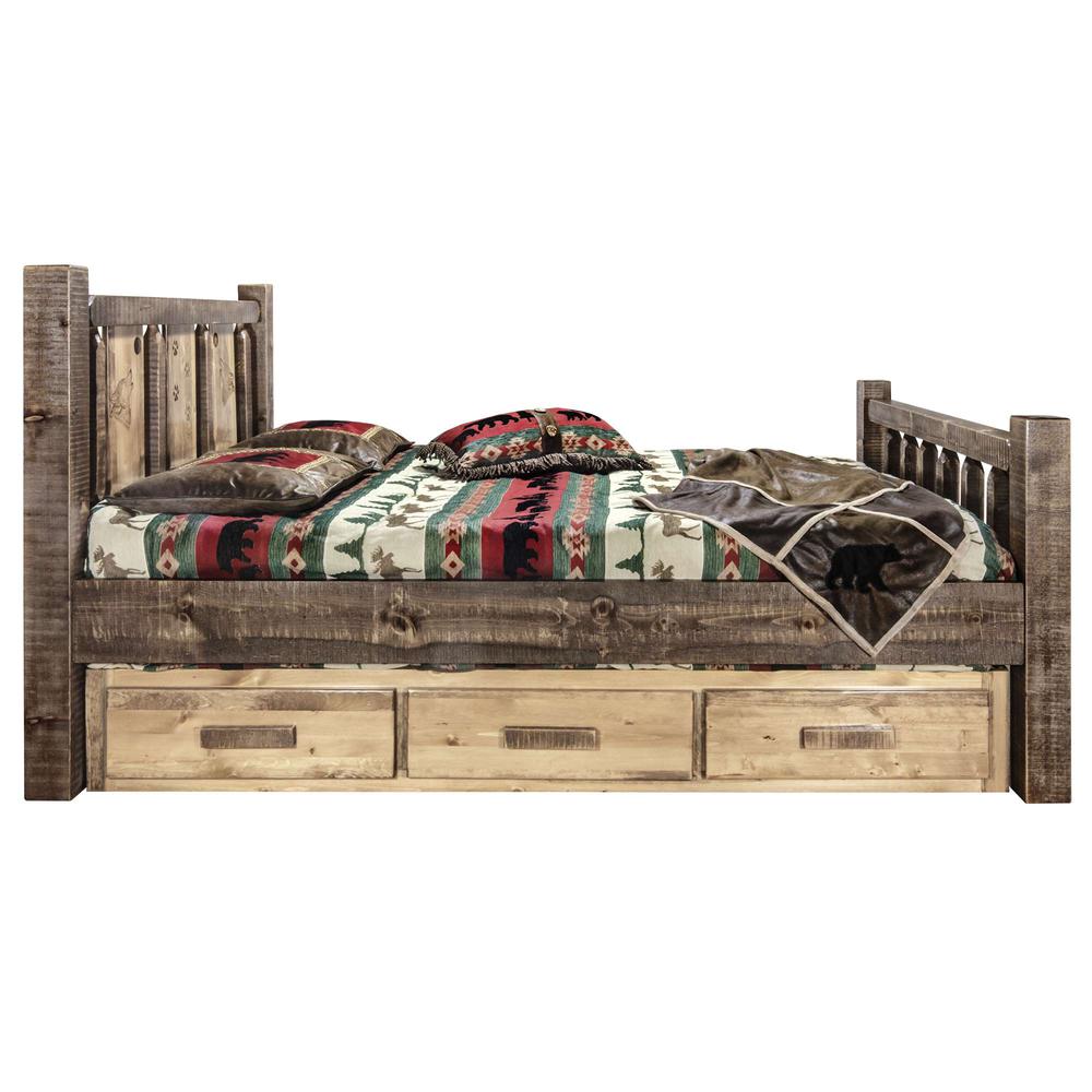Homestead Collection Queen Storage Bed w/ Laser Engraved Wolf Design, Stain & Clear Lacquer Finish. Picture 4