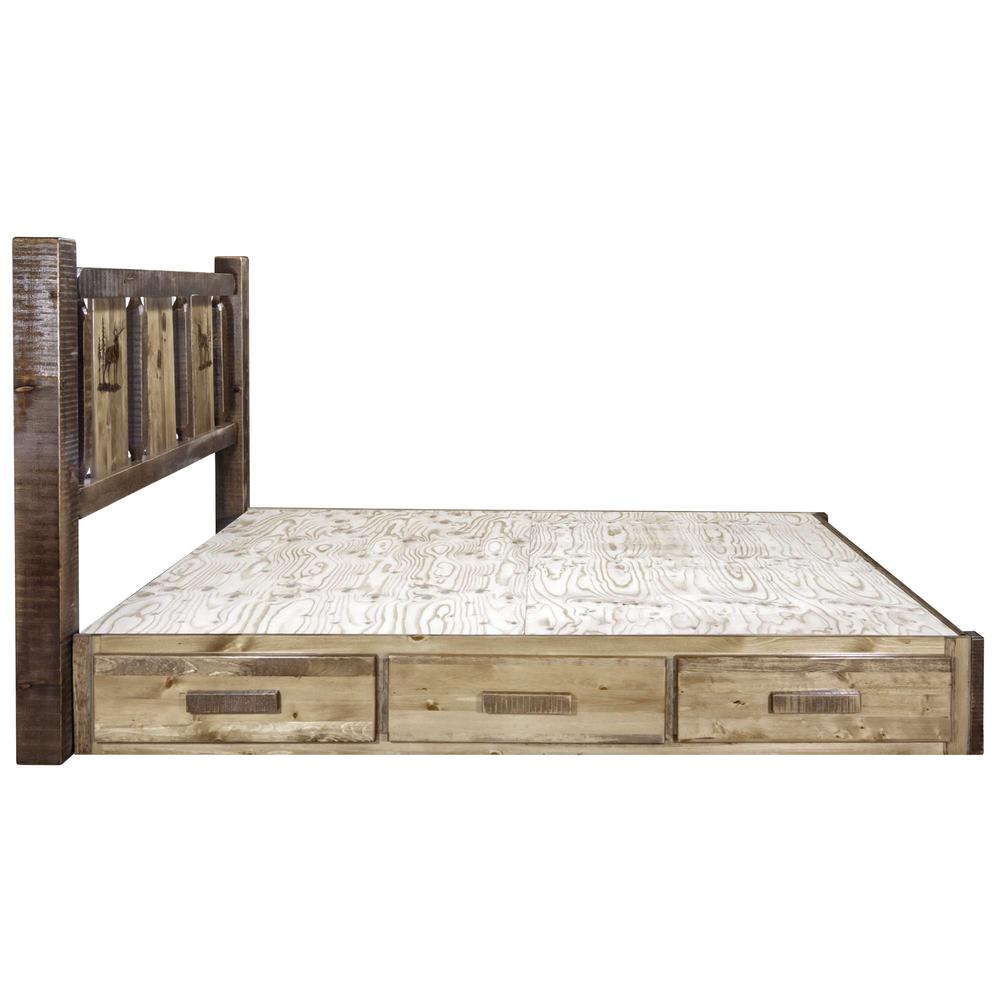 Homestead Collection Platform Bed w/ Storage, Queen w/ Laser Engraved Elk Design, Stain & Clear Lacquer Finish. Picture 5