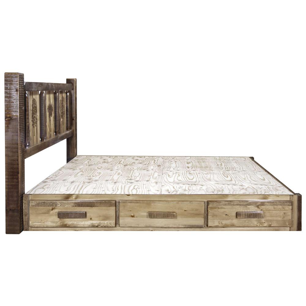 Homestead Collection Platform Bed w/ Storage, Queen w/ Laser Engraved Pine Design, Stain & Clear Lacquer Finish. Picture 5