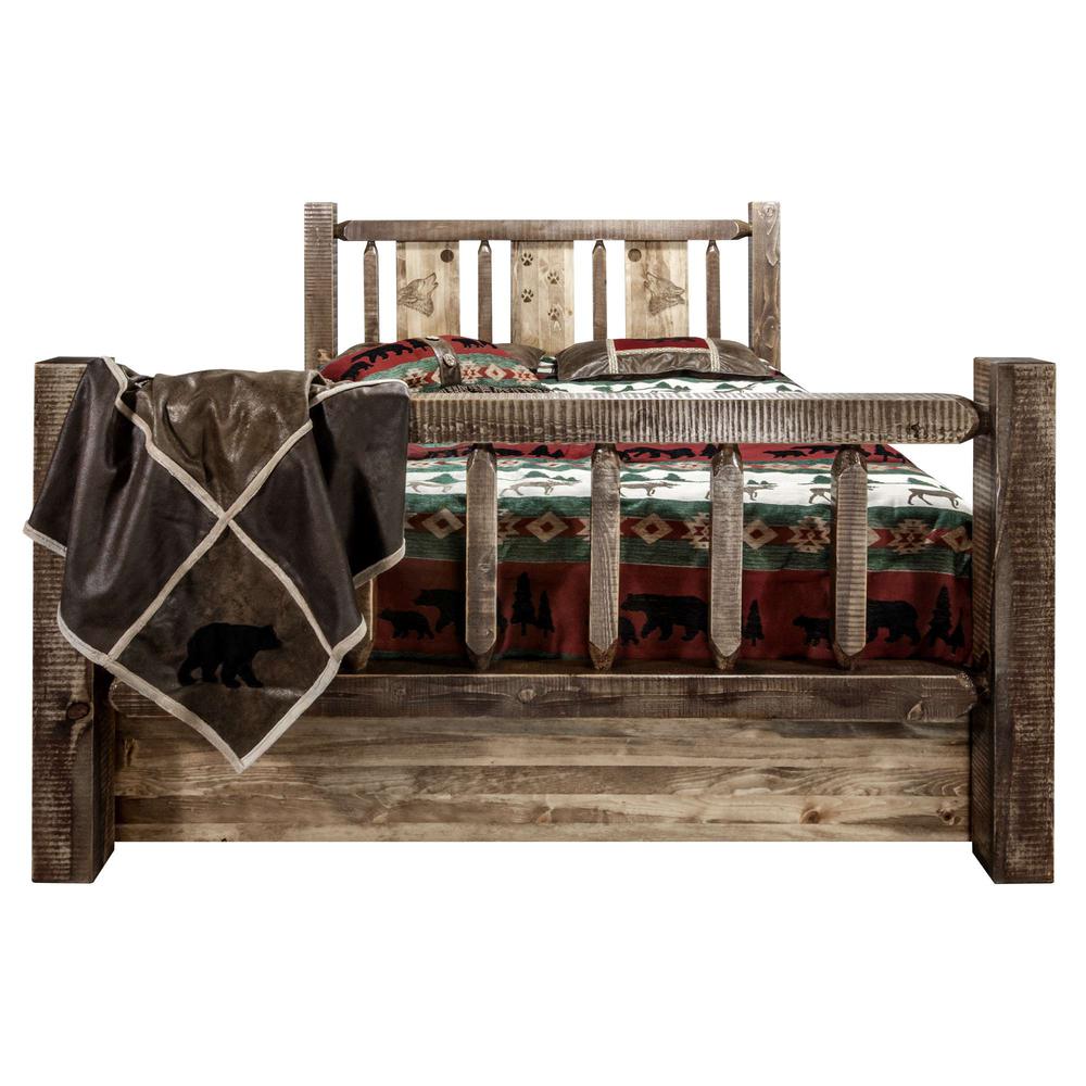 Homestead Collection Queen Storage Bed w/ Laser Engraved Wolf Design, Stain & Clear Lacquer Finish. Picture 2