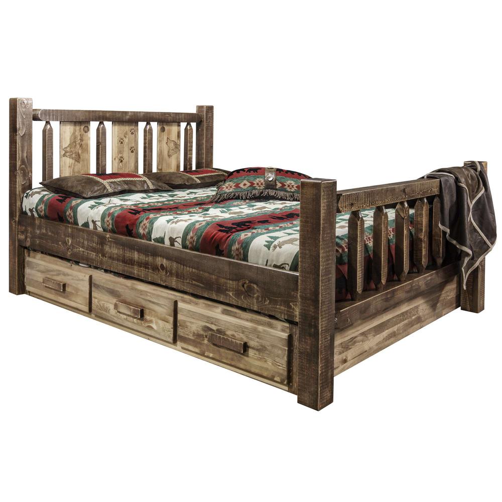 Homestead Collection Queen Storage Bed w/ Laser Engraved Wolf Design, Stain & Clear Lacquer Finish. Picture 1