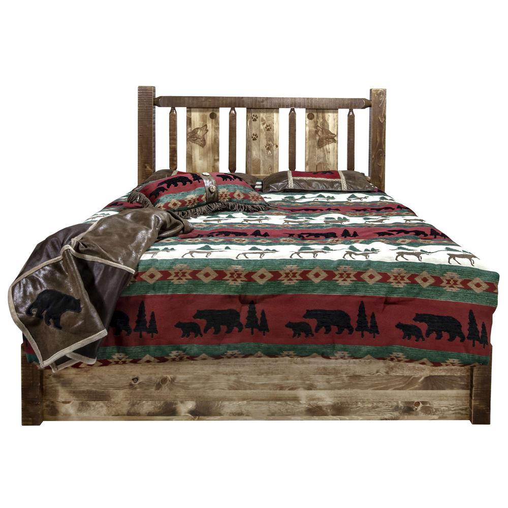 Homestead Collection Platform Bed w/ Storage, Queen w/ Laser Engraved Wolf Design, Stain & Clear Lacquer Finish. Picture 2