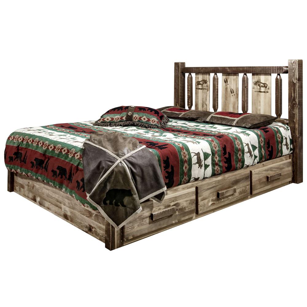 Homestead Collection Platform Bed w/ Storage, Queen w/ Laser Engraved Moose Design, Stain & Clear Lacquer Finish. Picture 3