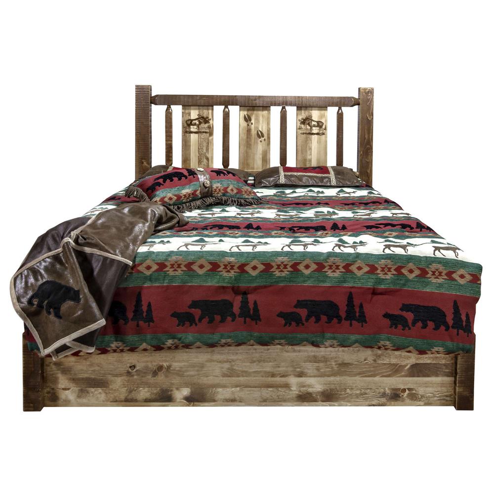 Homestead Collection Platform Bed w/ Storage, Queen w/ Laser Engraved Moose Design, Stain & Clear Lacquer Finish. Picture 2
