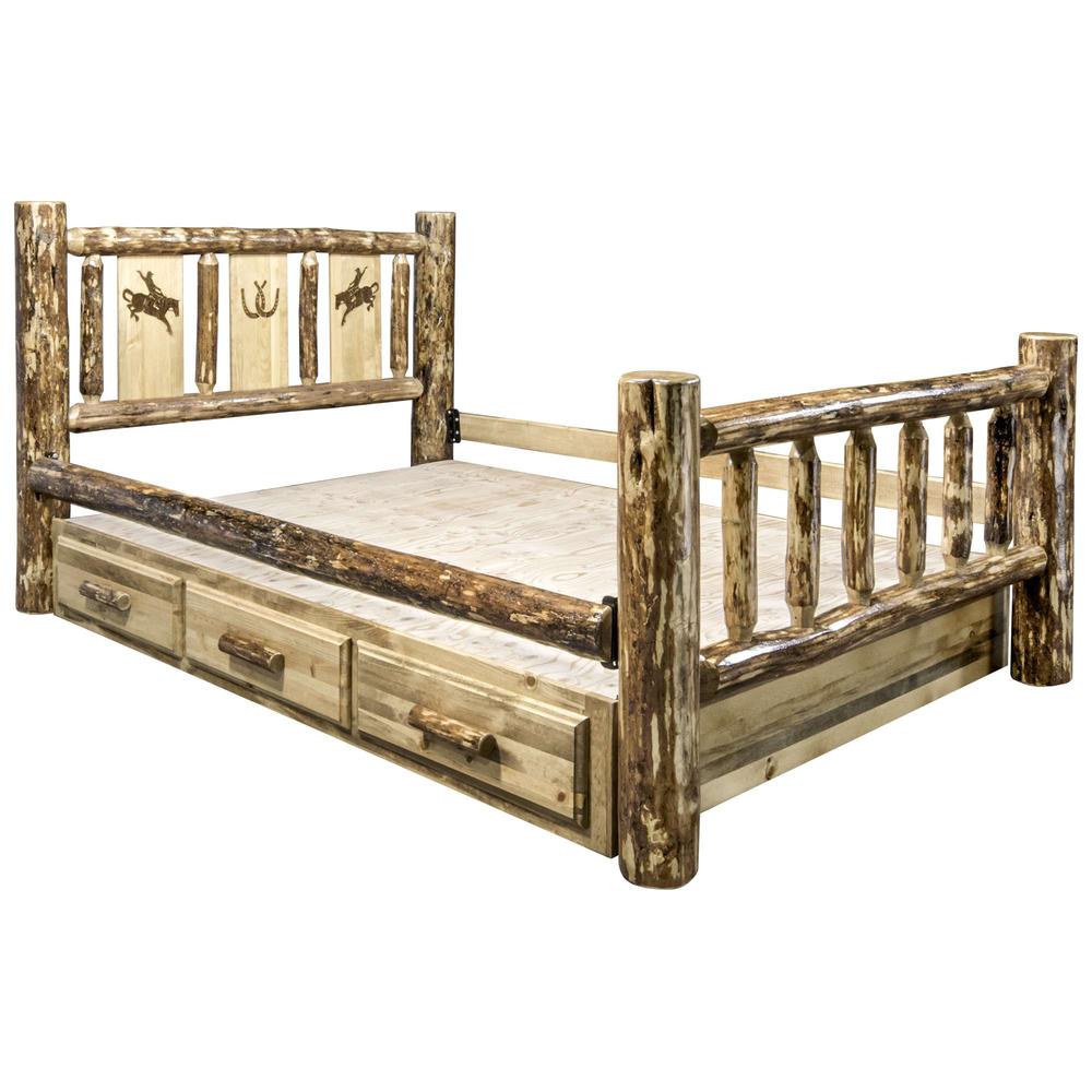 Glacier Country Collection Queen Storage Bed w/ Laser Engraved Bronc Design. Picture 5