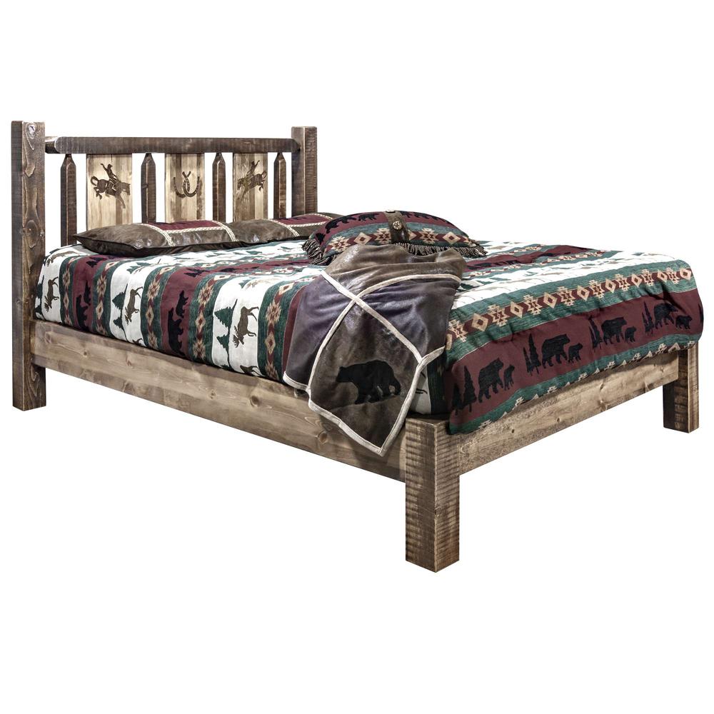Homestead Collection Queen Platform Bed w/ Laser Engraved Bronc Design, Stain & Clear Lacquer Finish. Picture 1