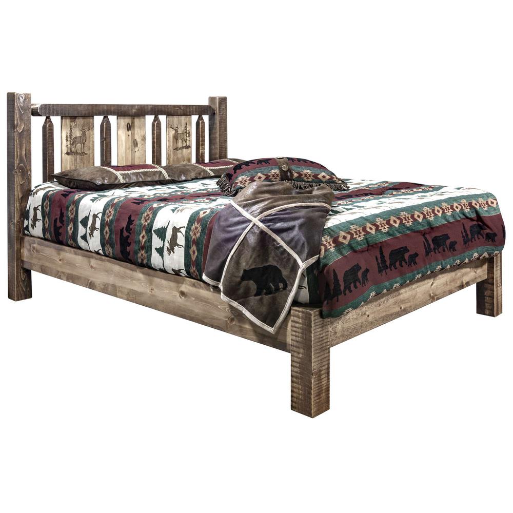 Homestead Collection Queen Platform Bed w/ Laser Engraved Elk Design, Stain & Clear Lacquer Finish. Picture 1