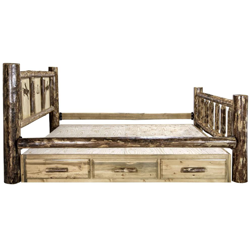Glacier Country Collection Queen Storage Bed w/ Laser Engraved Bronc Design. Picture 8