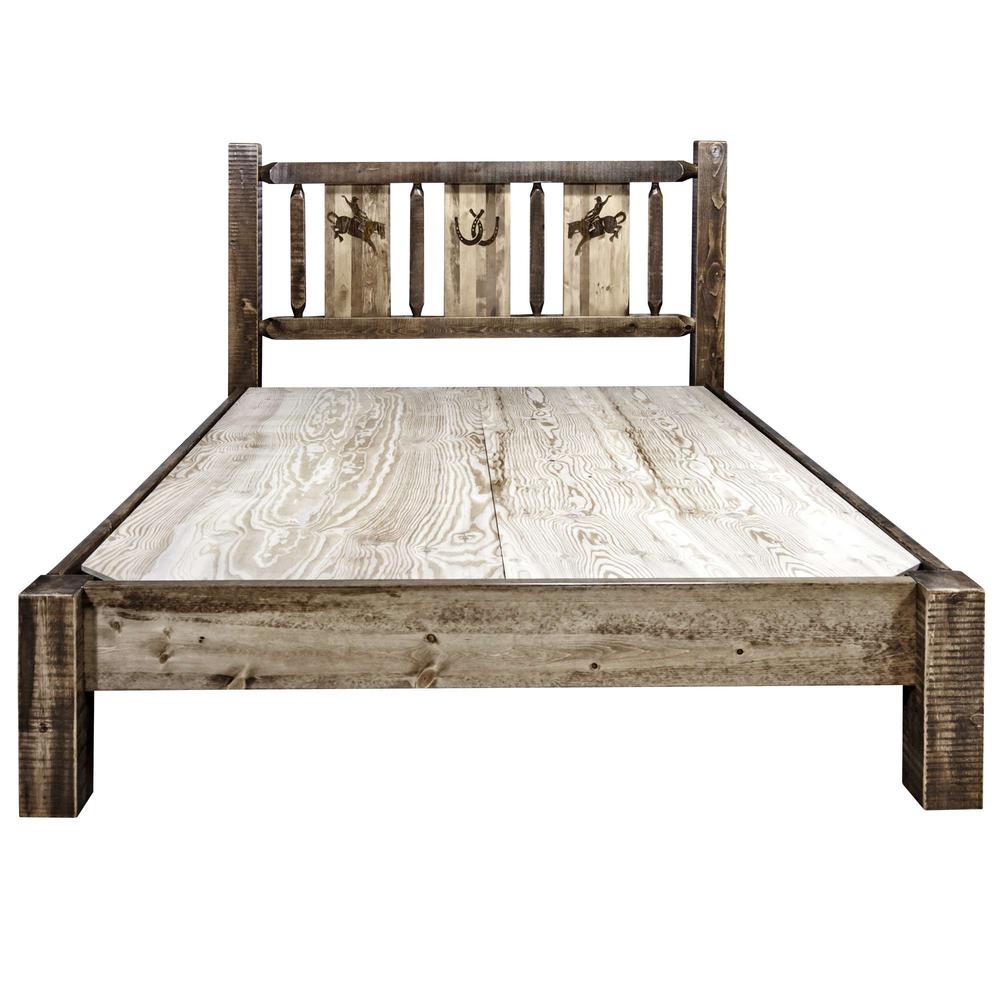 Homestead Collection Queen Platform Bed w/ Laser Engraved Bronc Design, Stain & Clear Lacquer Finish. Picture 6