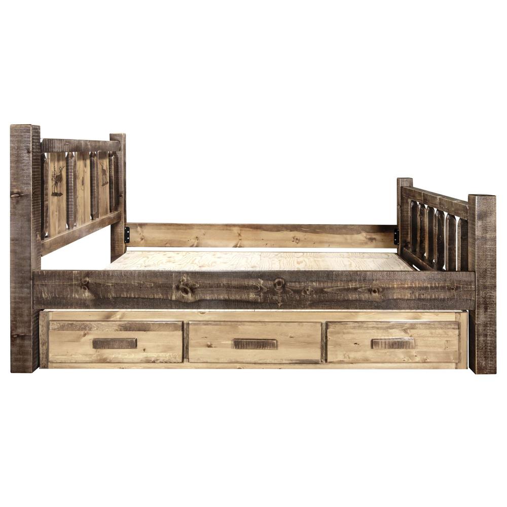 Homestead Collection Queen Storage Bed w/ Laser Engraved Elk Design, Stain & Clear Lacquer Finish. Picture 8