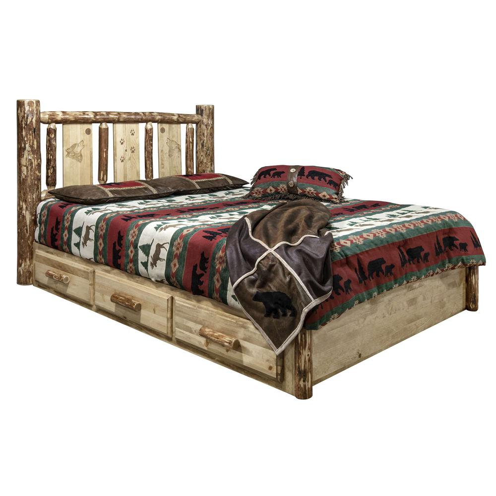 Glacier Country Collection Platform Bed w/ Storage, Queen w/ Laser Engraved Wolf Design. Picture 1