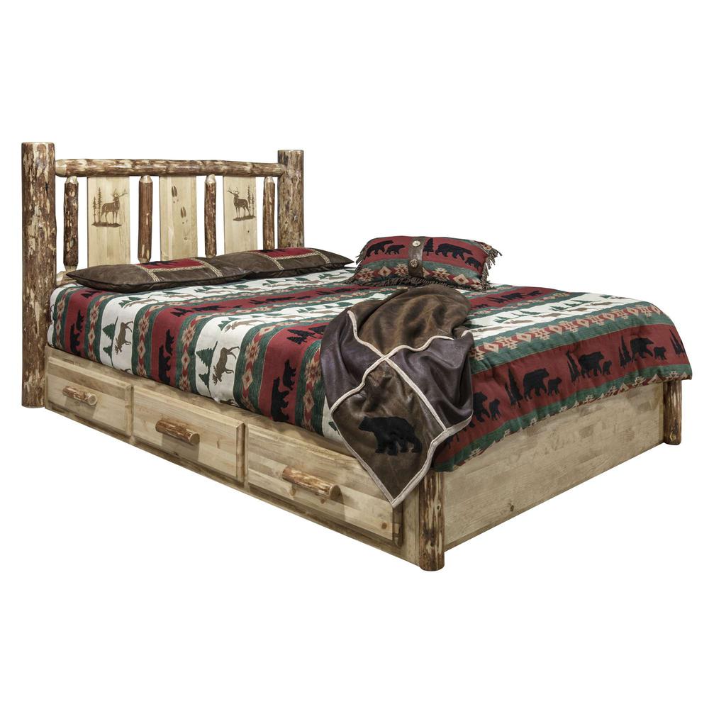 Glacier Country Collection Platform Bed w/ Storage, Queen w/ Laser Engraved Elk Design. Picture 1