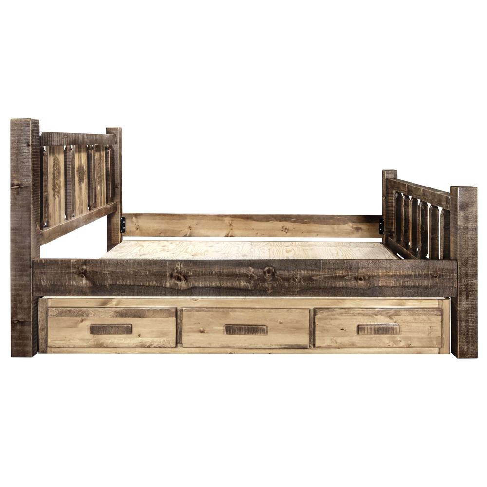 Homestead Collection Queen Storage Bed w/ Laser Engraved Pine Design, Stain & Clear Lacquer Finish. Picture 8