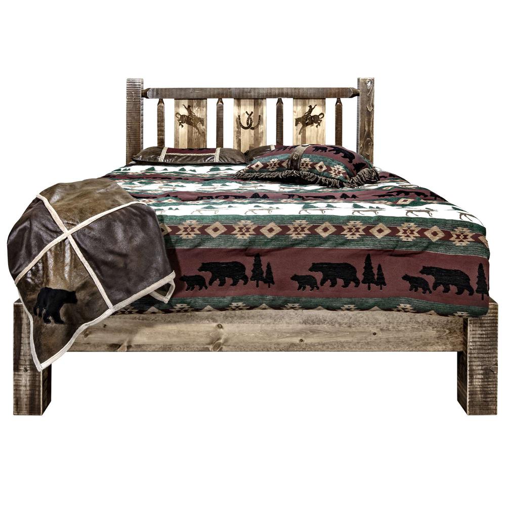 Homestead Collection Queen Platform Bed w/ Laser Engraved Bronc Design, Stain & Clear Lacquer Finish. Picture 2