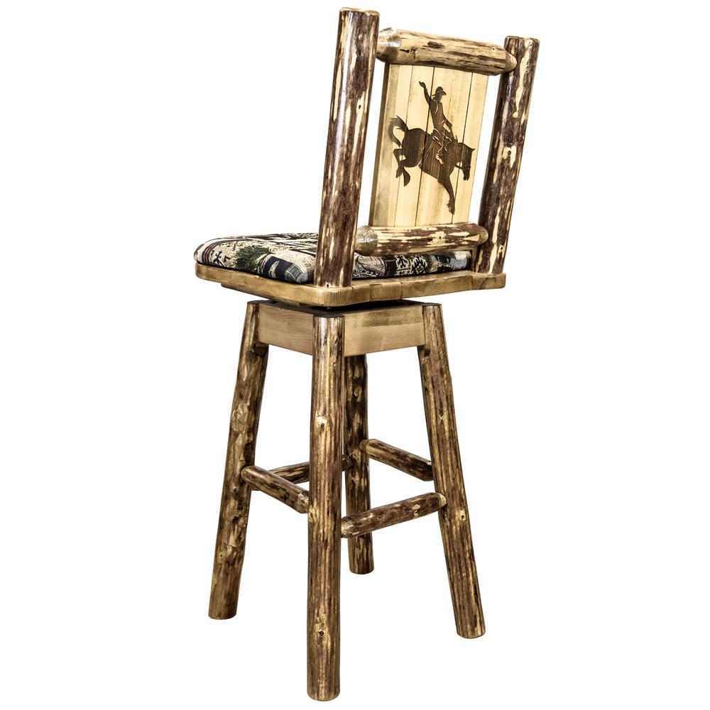Glacier Country Collection Barstool w/ Back & Swivel, Woodland Pattern Upholstery w/ Laser Engraved Bronc Design. Picture 1