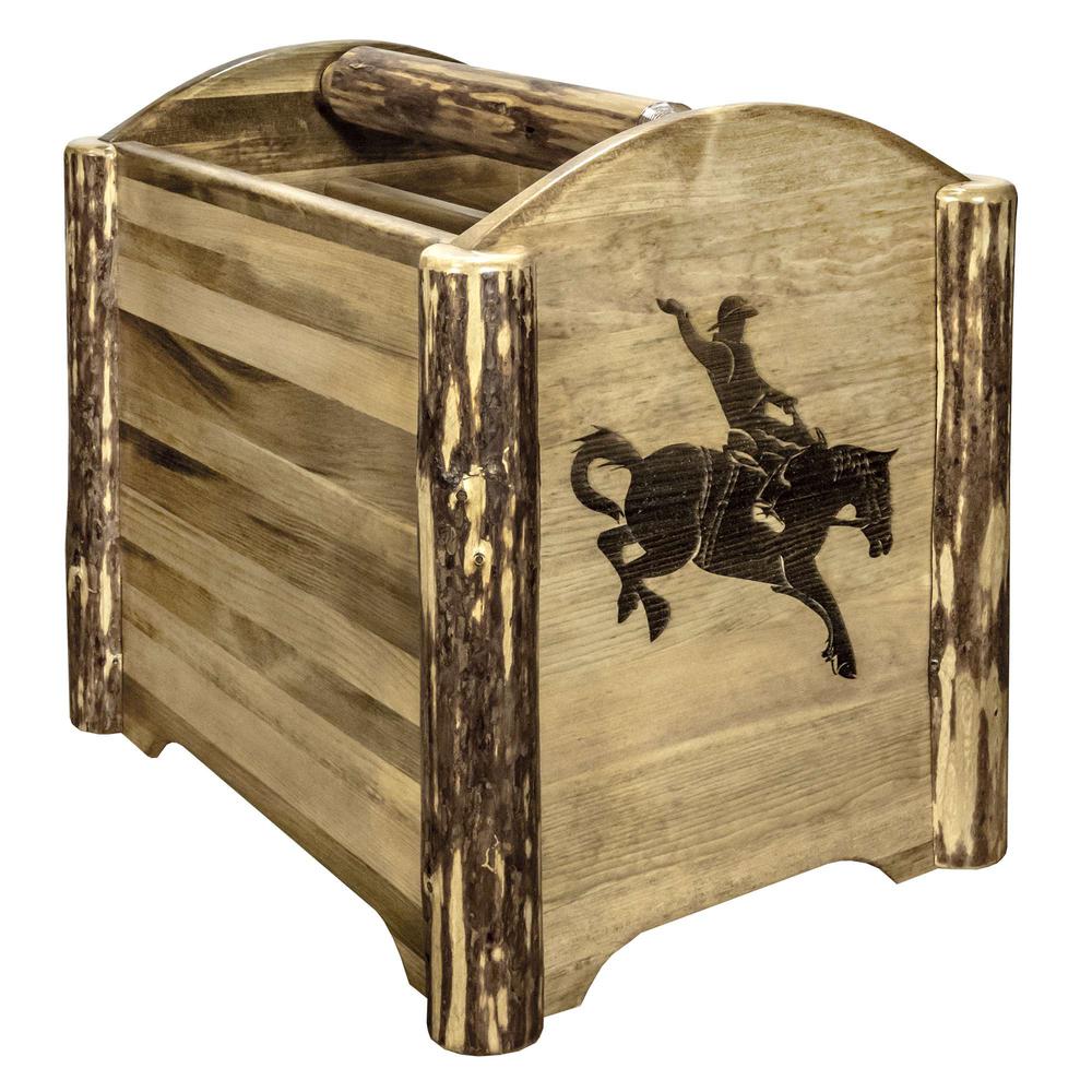 Glacier Country Collection Magazine Rack w/ Laser Engraved Bronc Design. Picture 1