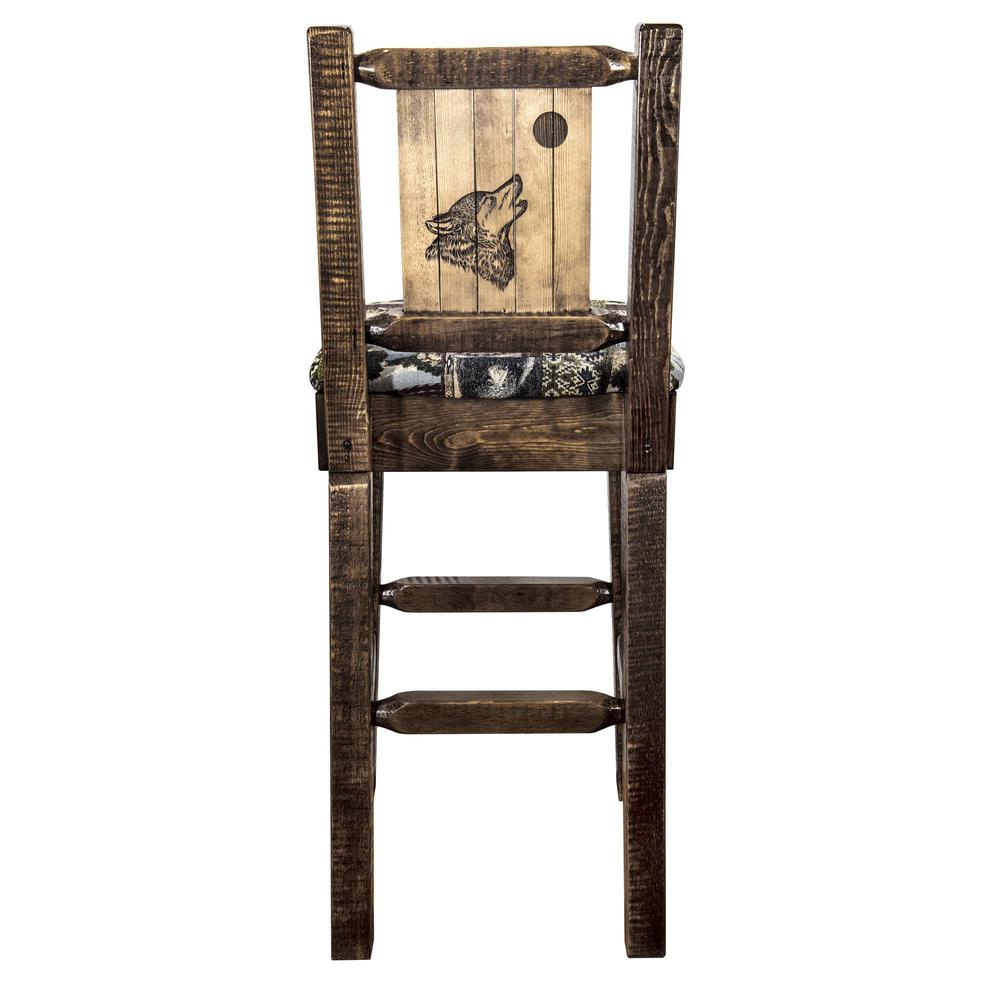 Homestead Collection Barstool w/ Back - Woodland Upholstery, w/ Laser Engraved Wolf Design, Stain & Lacquer Finish. Picture 2