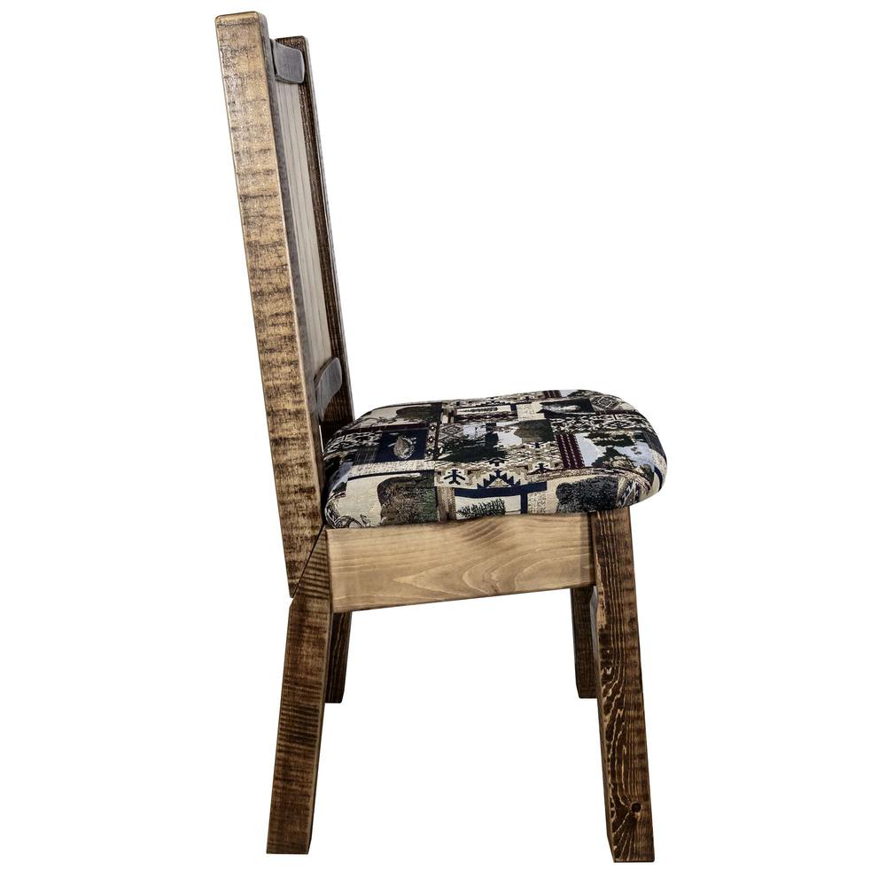 Homestead Collection Side Chair - Woodland Upholstery w/ Laser Engraved Bronc Design, Stain & Lacquer Finish. Picture 5