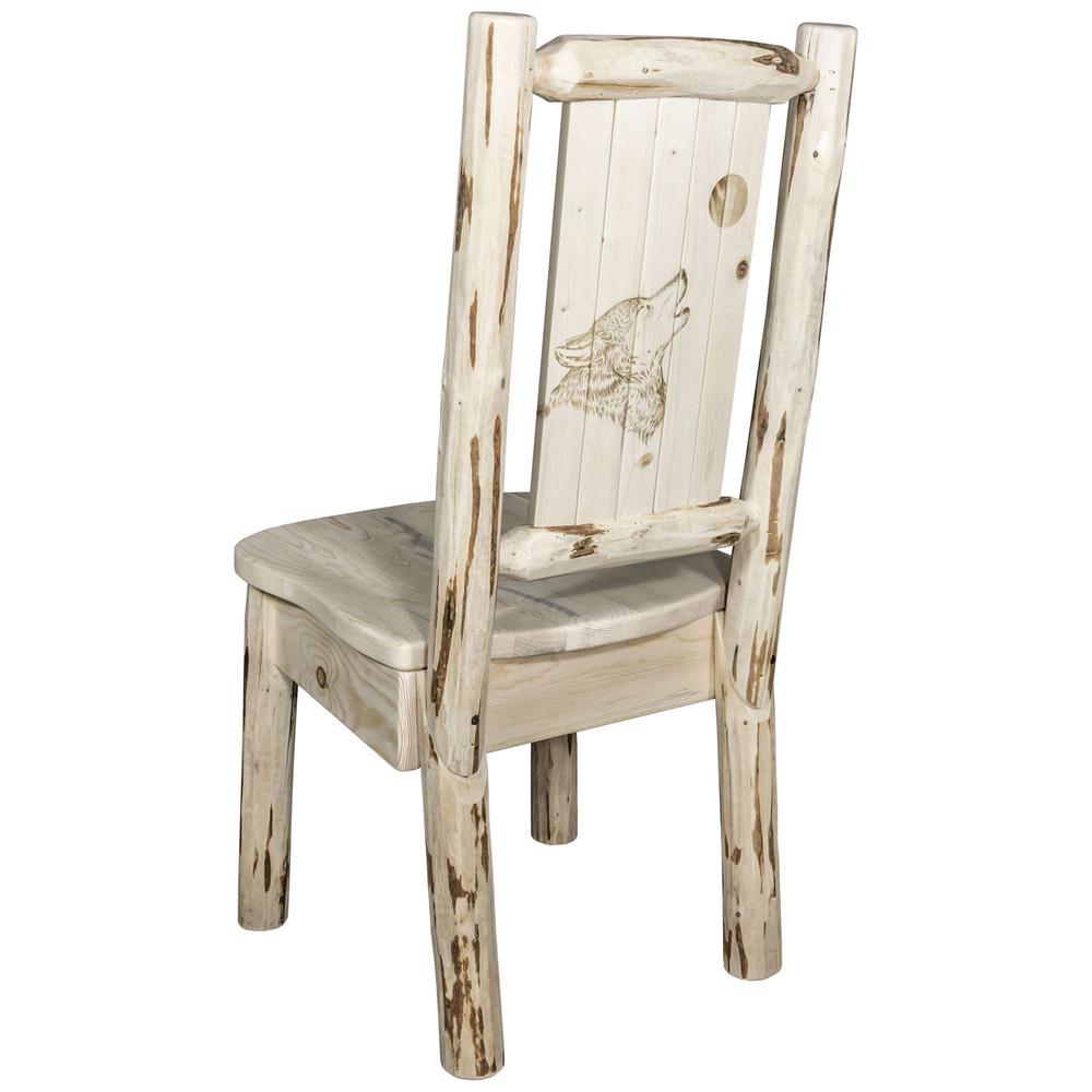 Montana Collection Side Chair w/ Laser Engraved Wolf Design, Clear Lacquer Finish. Picture 1