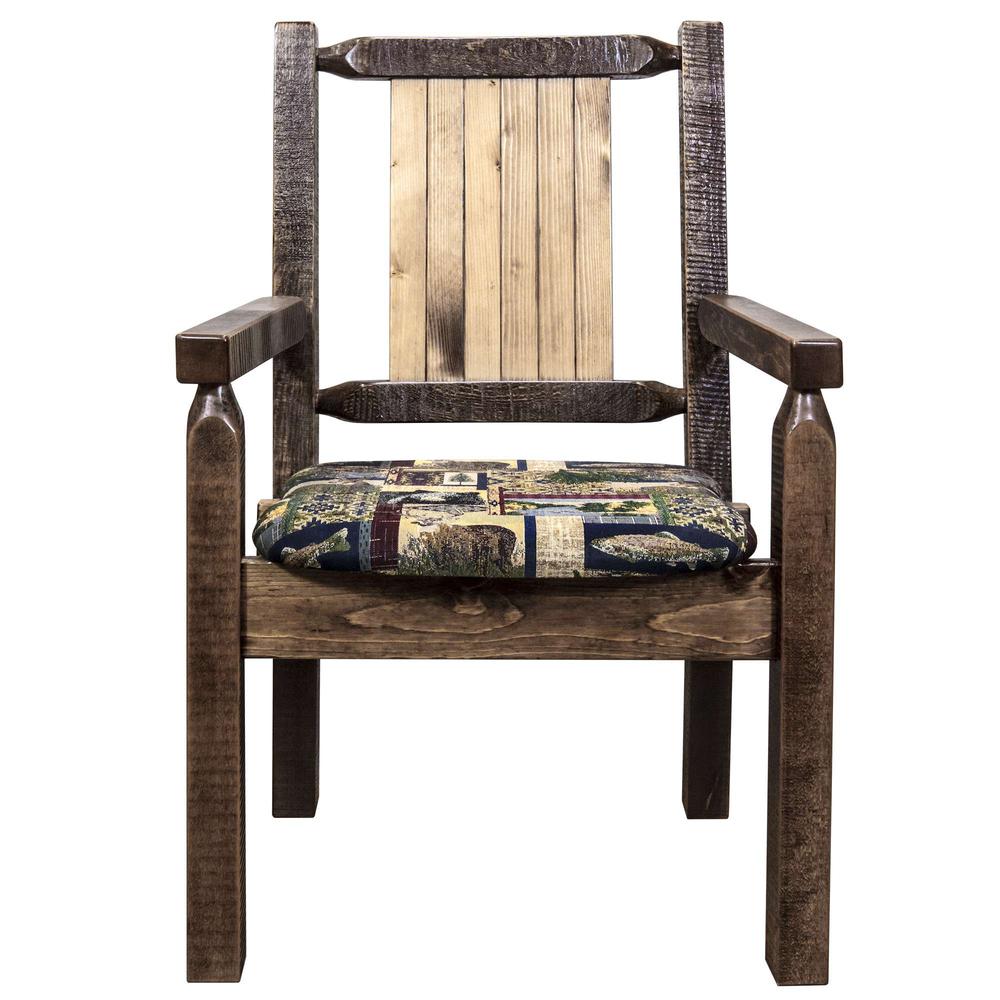Homestead Collection Captain's Chair, Woodland Upholstery w/ Laser Engraved Elk Design, Stain & Lacquer Finish. Picture 4
