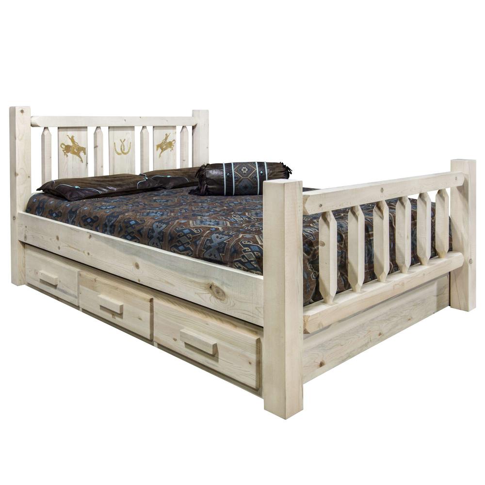 Homestead Collection Queen Storage Bed w/ Laser Engraved Bronc Design, Ready Finish. Picture 1