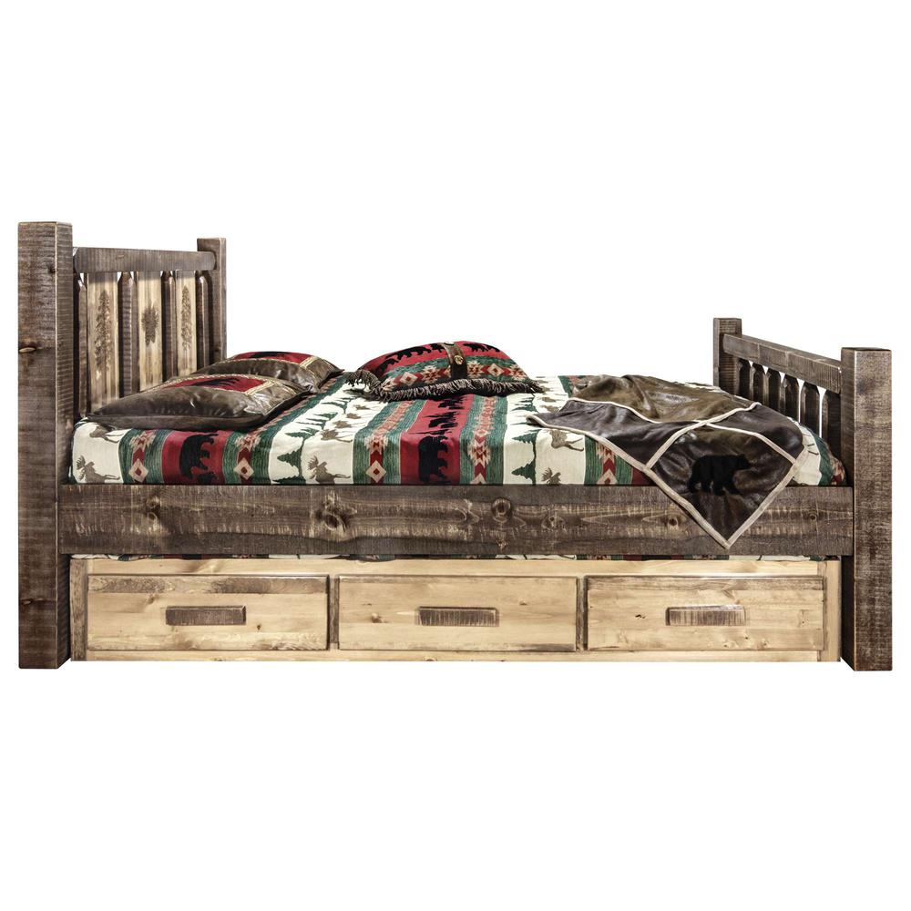 Homestead Collection King Storage Bed w/ Laser Engraved Pine Design, Stain & Clear Lacquer Finish. Picture 4
