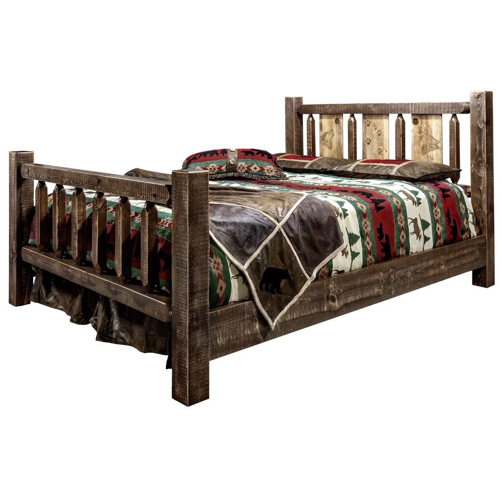 Homestead Collection King Bed w/ Laser Engraved Wolf Design, Stain & Clear Lacquer Finish. Picture 3