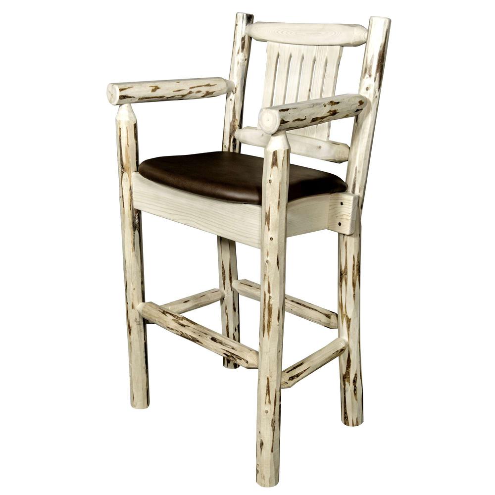 Montana Collection Counter Height Captain's Barstool - Saddle Upholstery, Clear Lacquer Finish. Picture 2