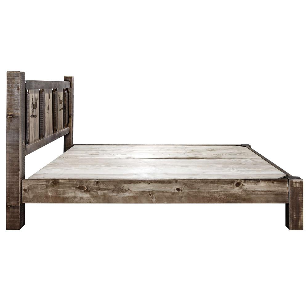 Homestead Collection King Platform Bed w/ Laser Engraved Elk Design, Stain & Clear Lacquer Finish. Picture 8