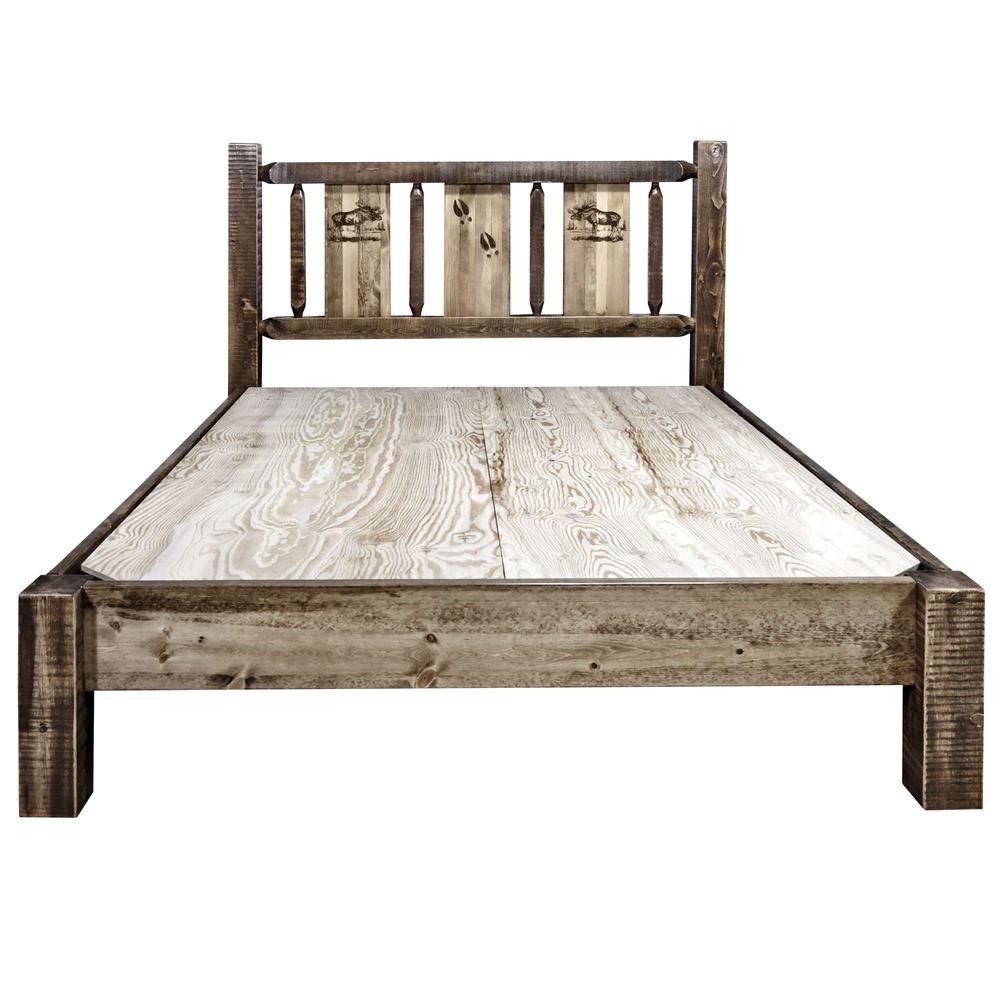 Homestead Collection King Platform Bed w/ Laser Engraved Moose Design, Stain & Clear Lacquer Finish. Picture 6