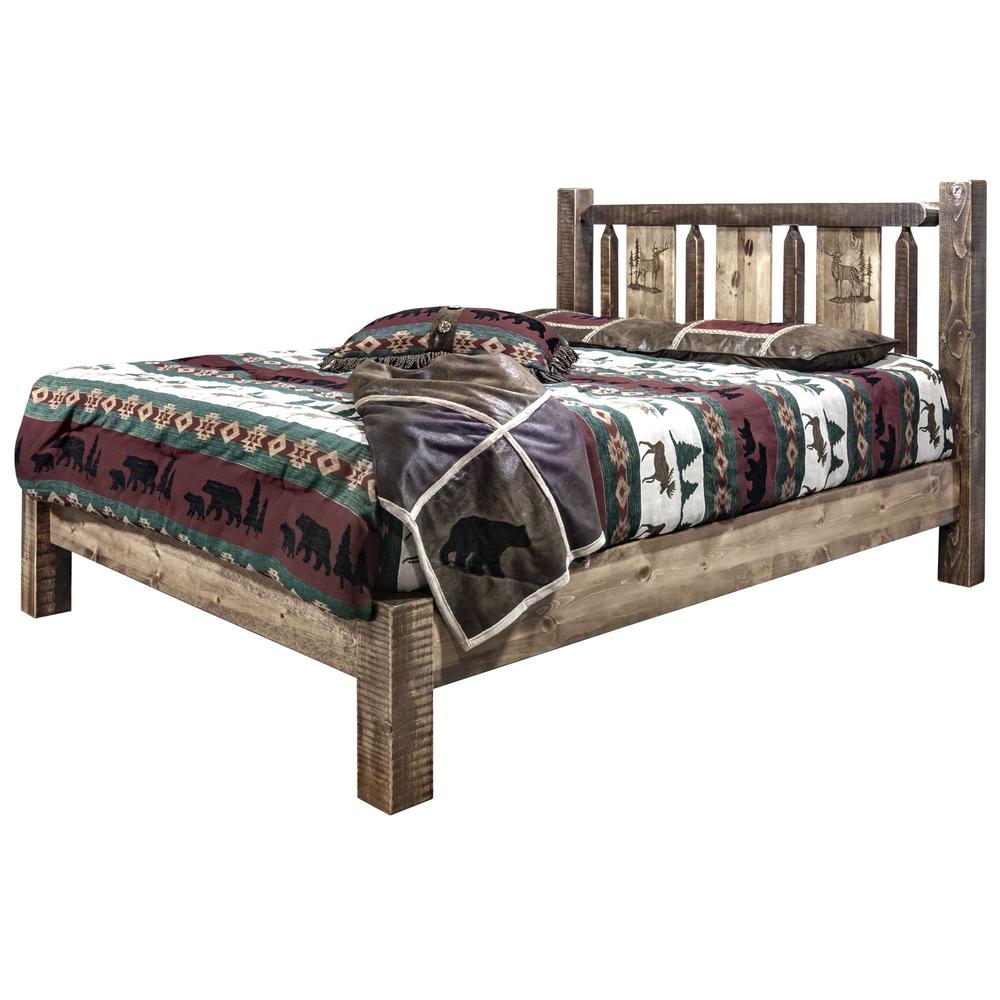 Homestead Collection King Platform Bed w/ Laser Engraved Elk Design, Stain & Clear Lacquer Finish. Picture 3
