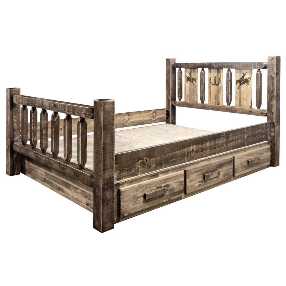 Homestead Collection King Storage Bed w/ Laser Engraved Bronc Design, Stain & Clear Lacquer Finish. Picture 7