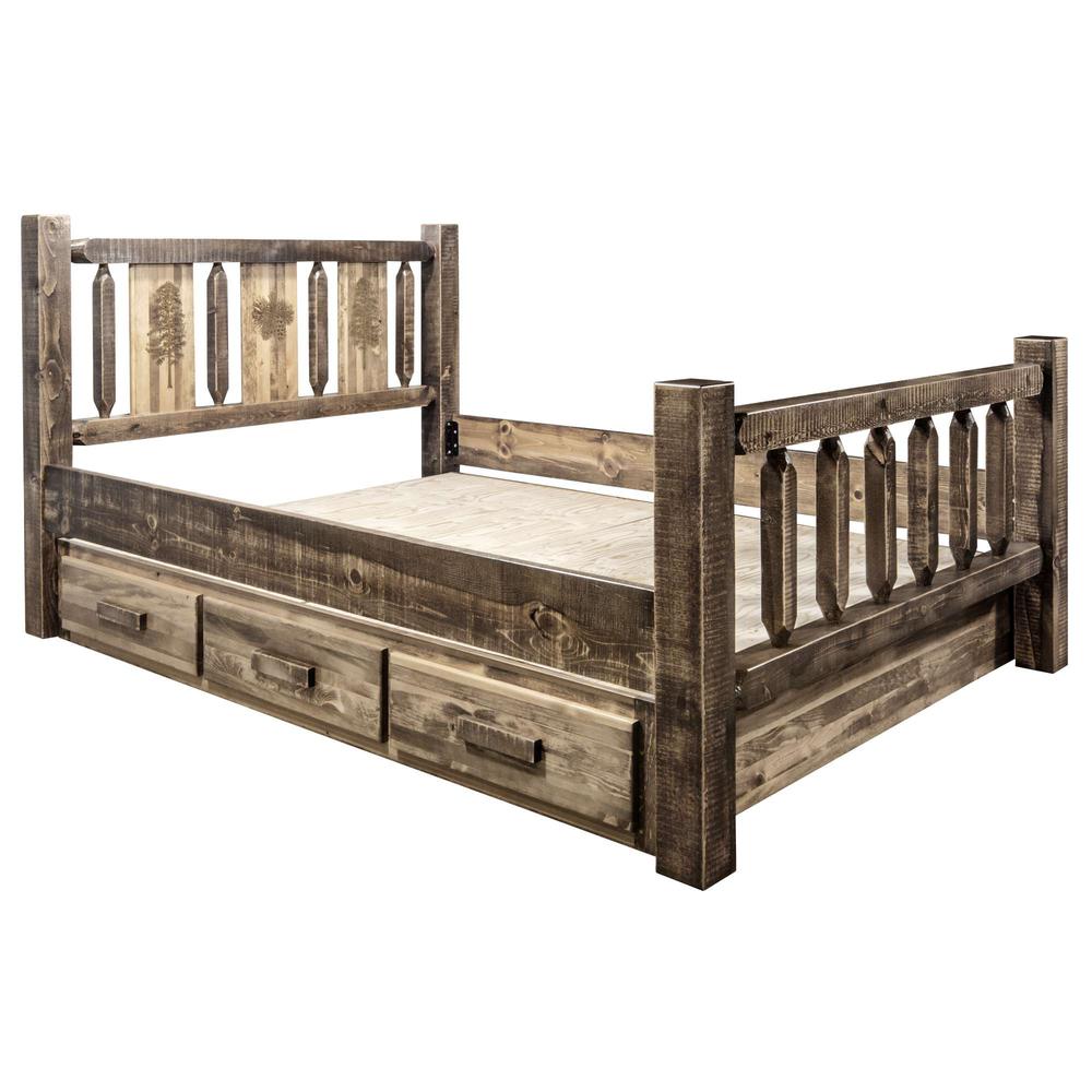 Homestead Collection King Storage Bed w/ Laser Engraved Pine Design, Stain & Clear Lacquer Finish. Picture 5