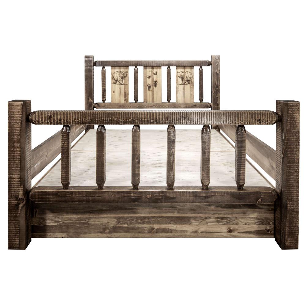 Homestead Collection King Storage Bed w/ Laser Engraved Bear Design, Stain & Clear Lacquer Finish. Picture 6