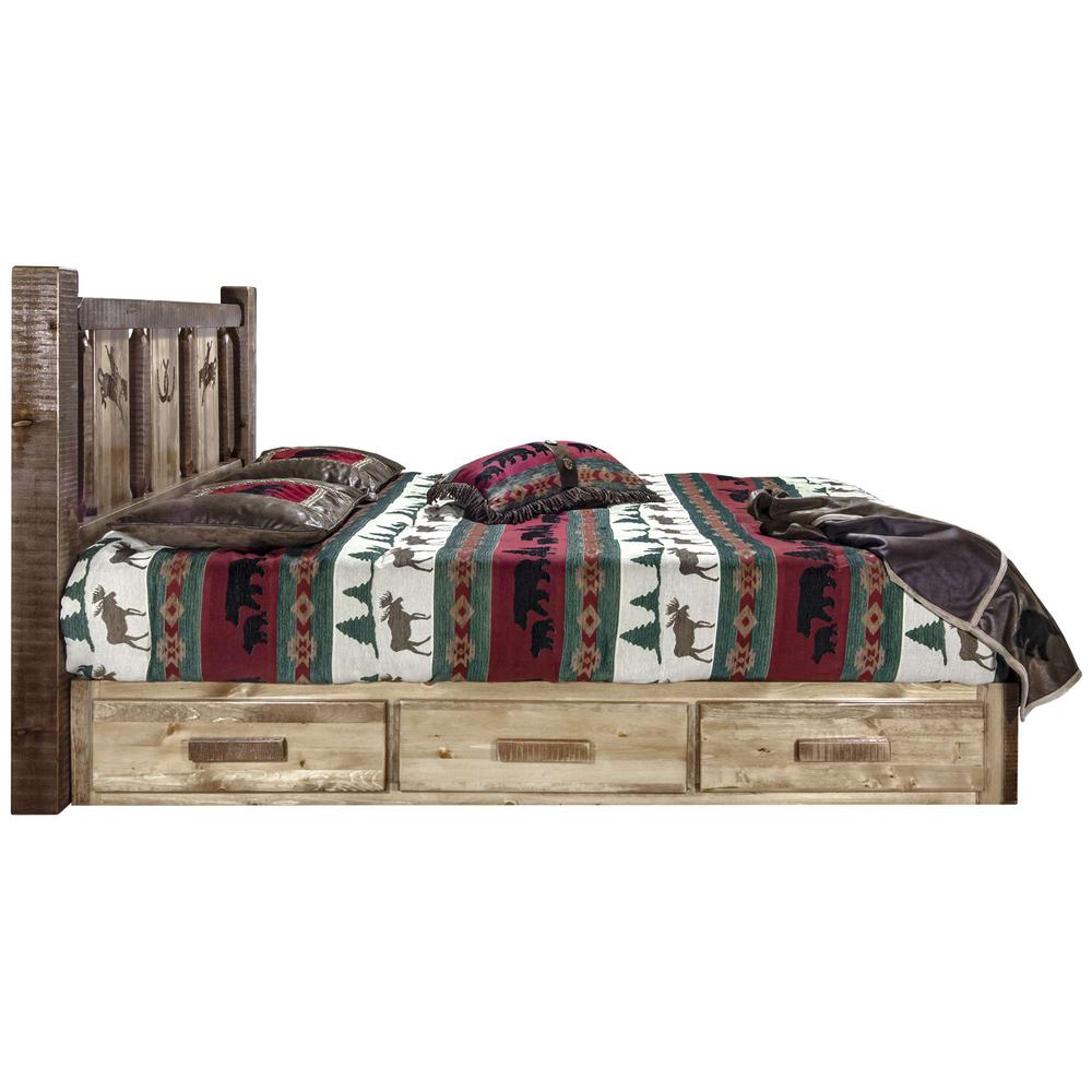 Homestead Collection Platform Bed w/ Storage, King w/ Laser Engraved Bronc Design, Stain & Clear Lacquer Finish. Picture 4
