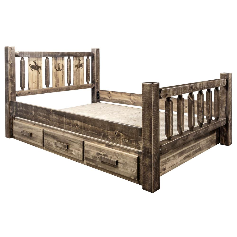 Homestead Collection King Storage Bed w/ Laser Engraved Bronc Design, Stain & Clear Lacquer Finish. Picture 5